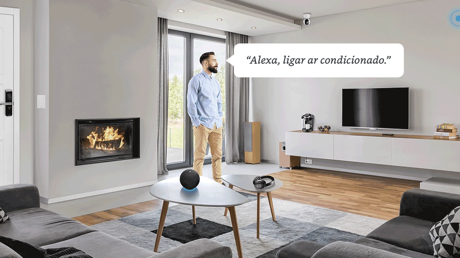 Automação residencial com Alexa+, controle por voz de ar condicionado, câmeras e dispositivos inteligentes